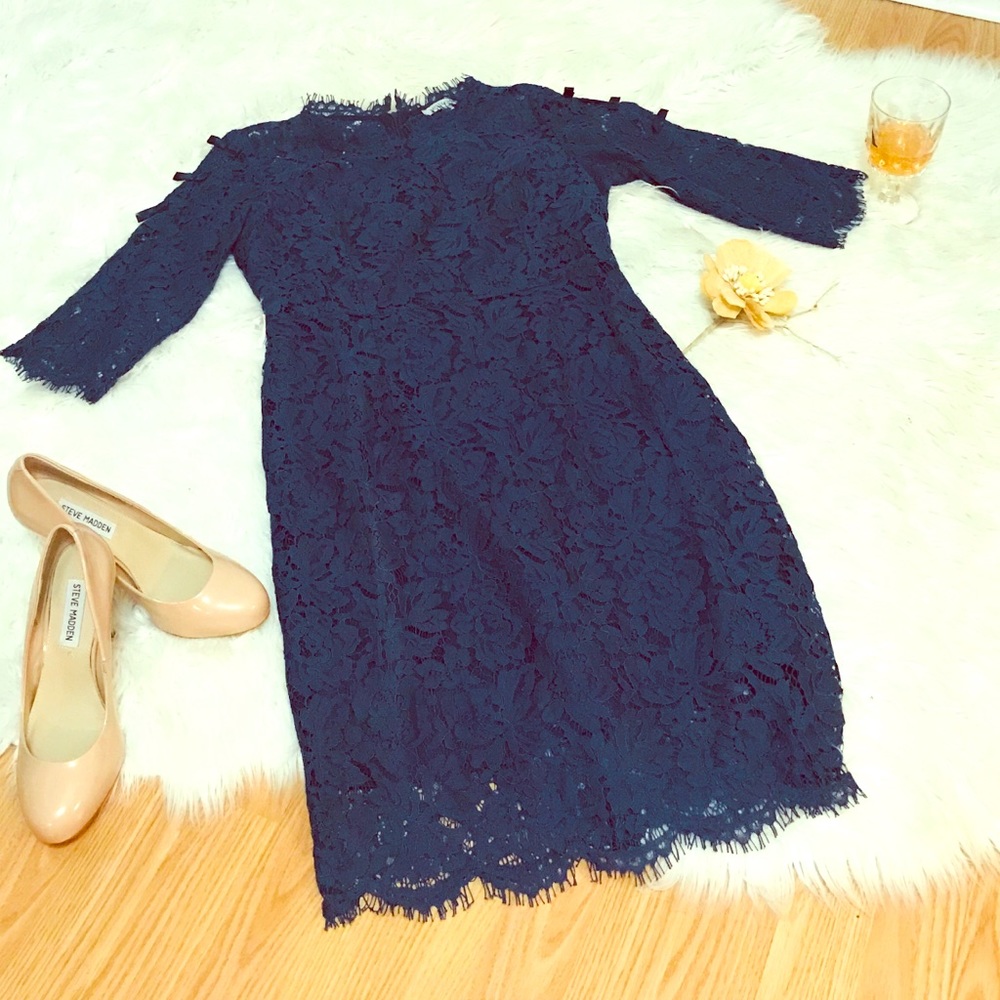 Navy lace overlay dress w/ high neck